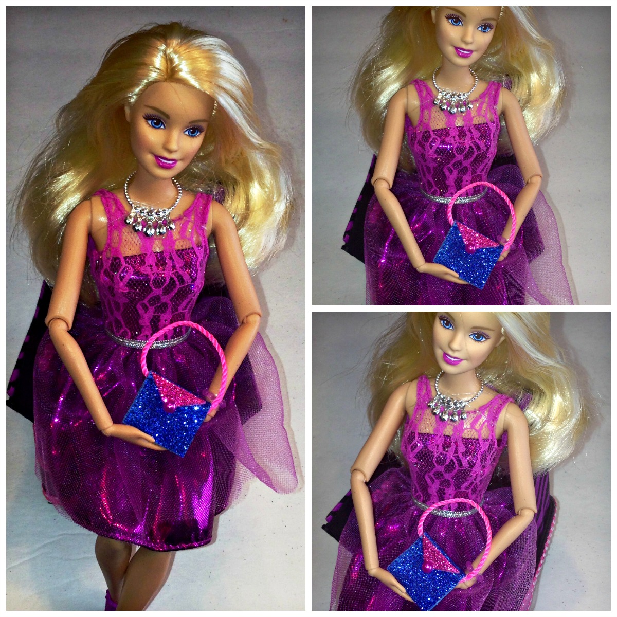 Easy DIY sparkly Barbie Doll purses made with sticky back sparkling foam from dollar store DIY Barbie Doll Easy NoSew Hand Made Purses #barbiedoll #accessories #purses #handmade #sparkle #Starrcreative