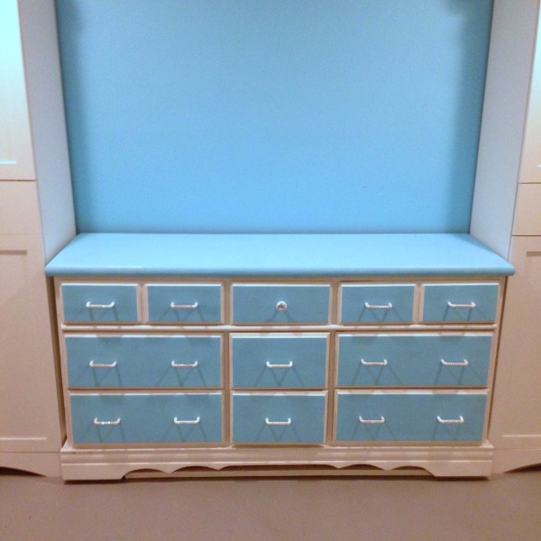 DIY Vintage Dresser Restoration in Blue and White with Jewel Drawer Handles. Used for Craft Supply Storage #Vintage #furniture #makeover #refurbish #Blue #white #repurpose #craftroomsupplies 